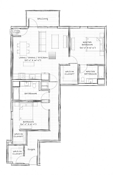 Floor plan for 2 beds, 2 baths, 1271 sqft